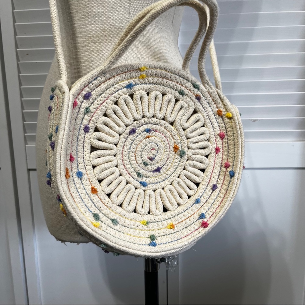 Cream Crossbody Bag Macrame Bag with Colorful Polka Dots - Picture 4 of 8